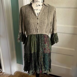 Bohemian Patchwork Dress - Green and Beige